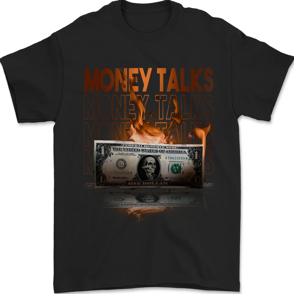 Money Talks Burning Cash Hustle Skull Mens T-Shirt 100% Cotton