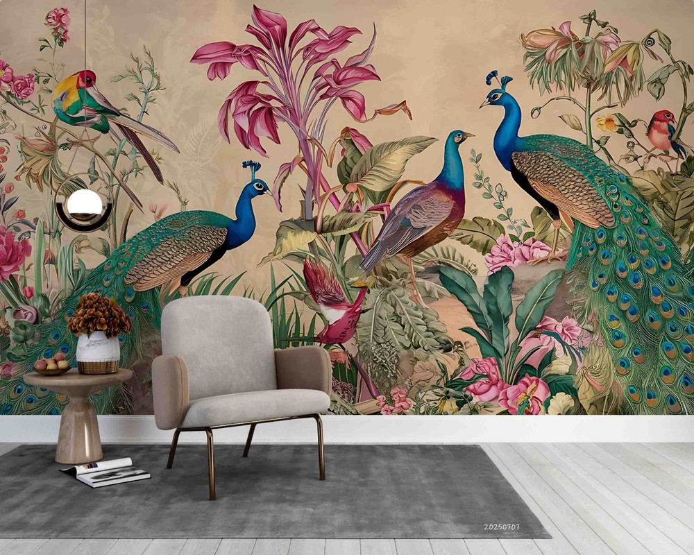 3D Flowers Peacock Bird Illustration Wall Murals Wallpaper Murals Wall Sticker
