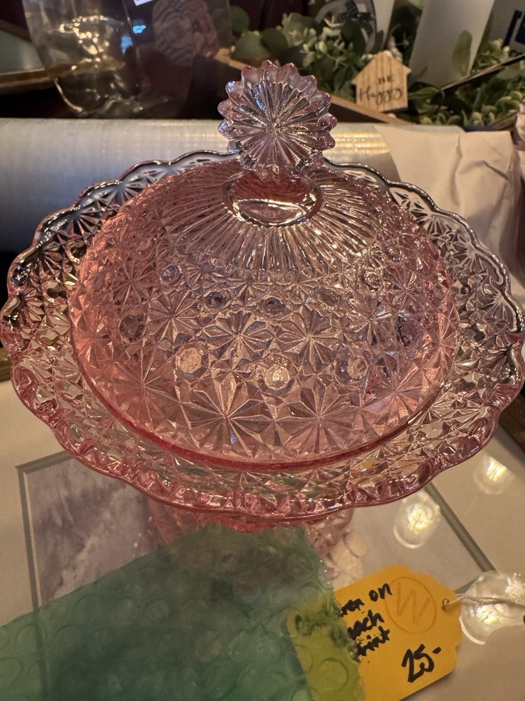 Vintage LG Wright Pink Daisy & Button Candy Dish/Compote with Lid