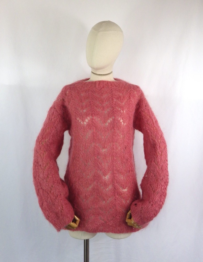 Vintage hand knit crochet mohair dusky pink sweater jumper Bust 41
