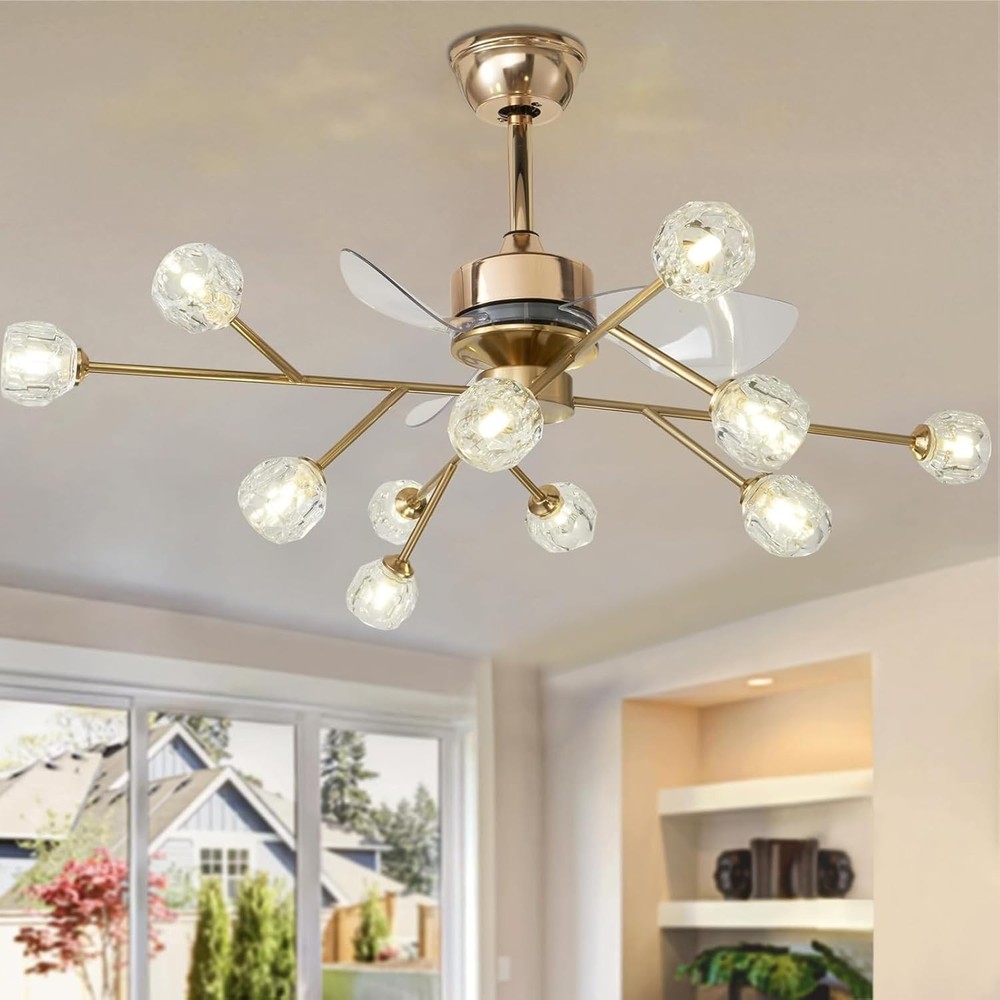 12 Lights Modern Crystal Ceiling Fan Light and Remote,Reversible Ceiling Fan