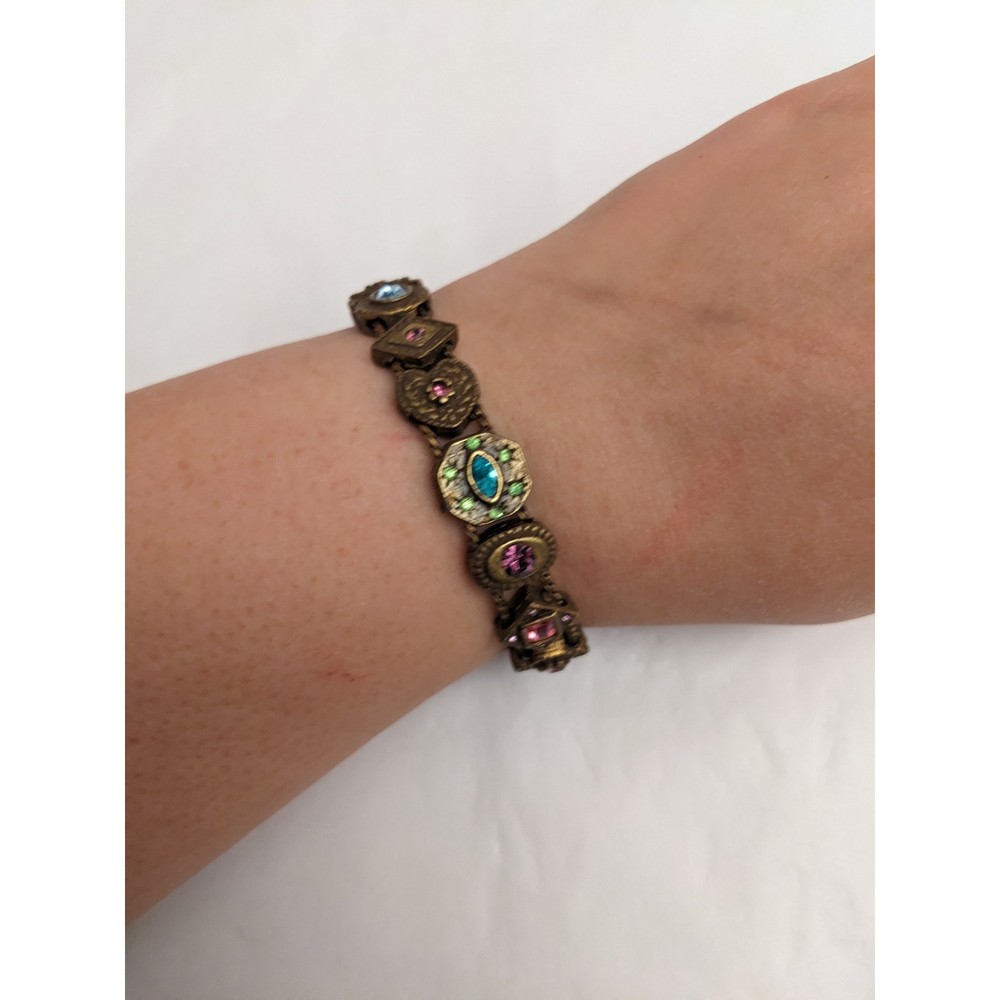 Vintage Victorian Revival Brass Charm Slider Bracelet 7in