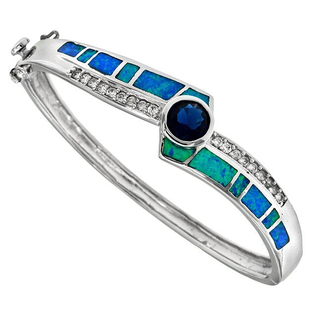 Treated Sapphire & Australian Opal Inlay 925 Silver Bangle Bracelet ,OX3
