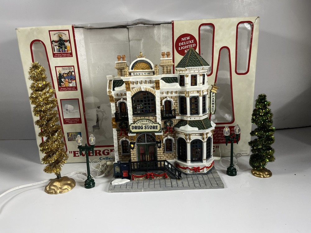 Lemax Essex Street Evergreen Drug Store Facade with Fiber Optic Bonus Trees and Lightpost