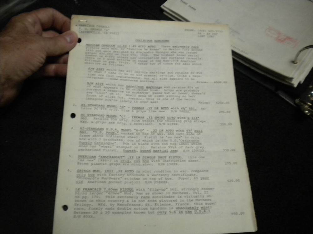Harrison Carroll List 1285 ,Nov  , 1985  Colt SAAs,S&W,Euro Pistols Price List