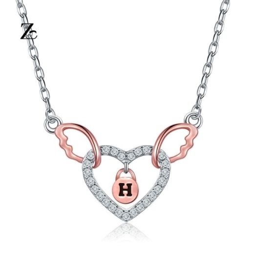 925 Sterling Silver CZ Angel Wing Heart Letter H Pendant Necklace G17  