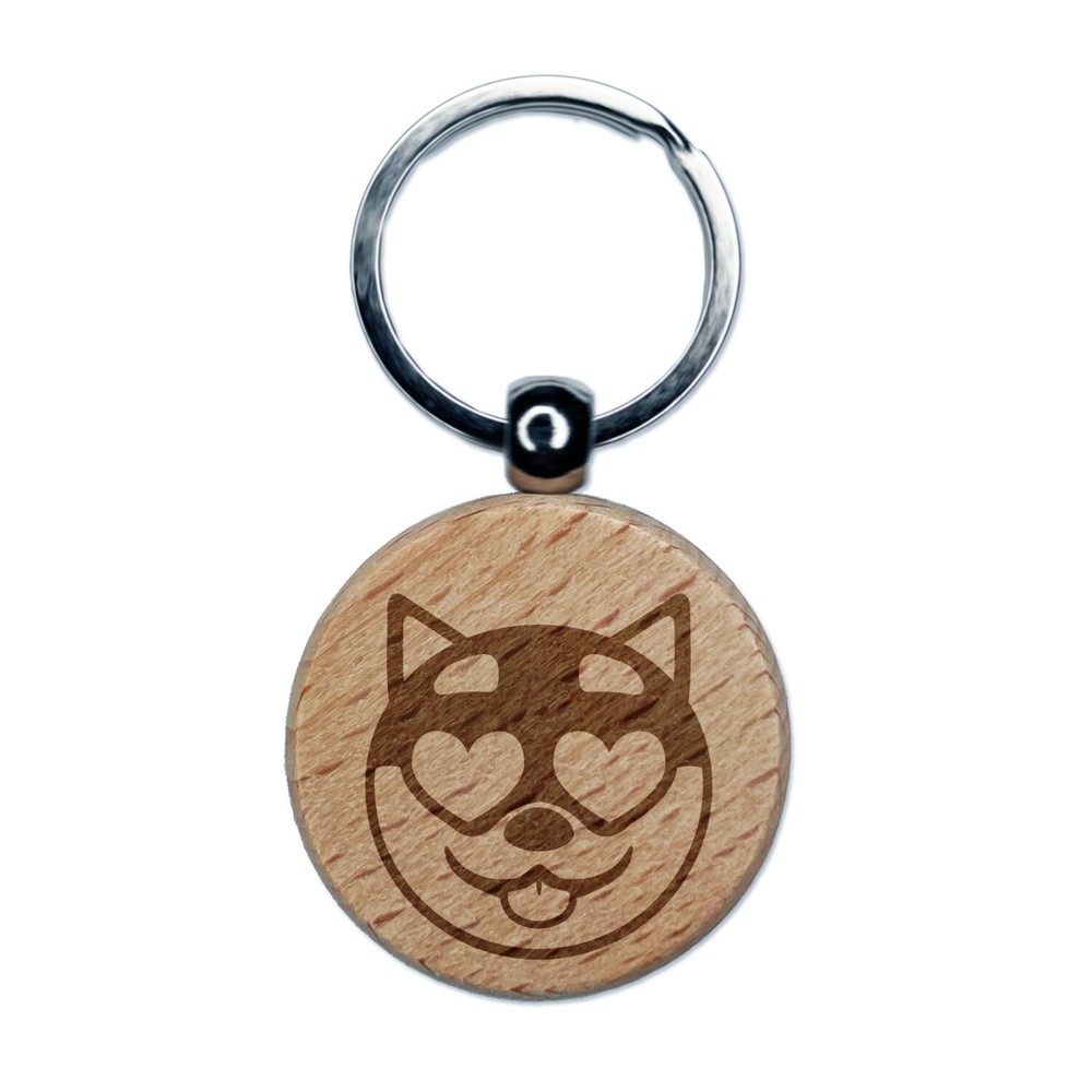 Husky Love Heart Eyes Engraved Wooden Round Keychain Charm