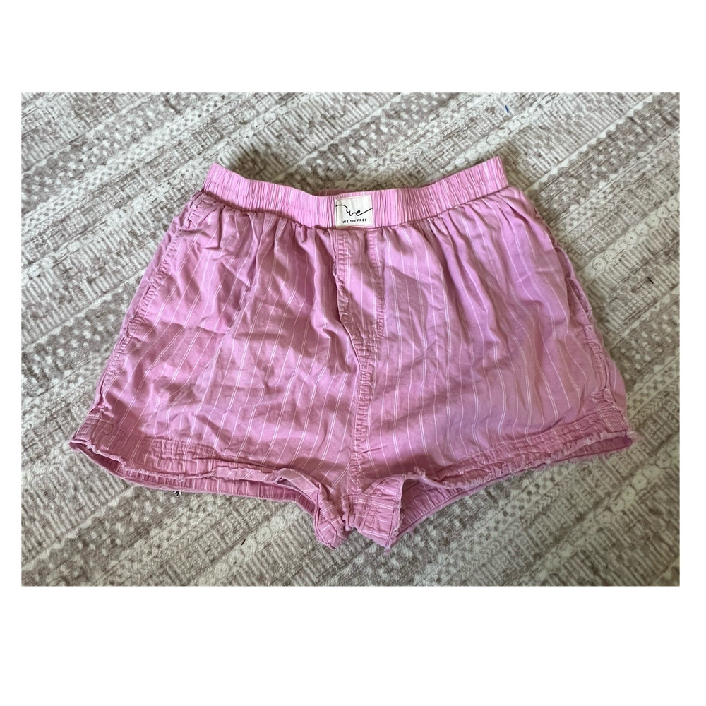 Free People Pink White Striped Elastic Waist Pockets High Rise Fringe Shorts S