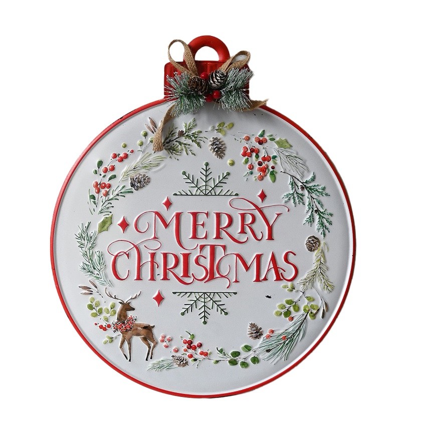 Merry Christmas Hanging Metal Sign 47cm Stag Festive Decoration Cones & Berries