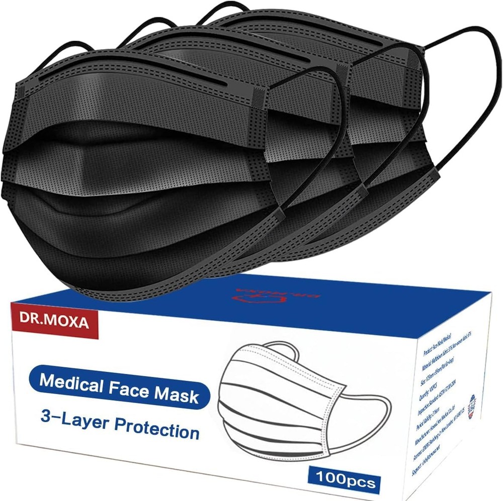 100-Pack Black 3-Layer Disposable Medical Face Masks for Daily Use and Protection