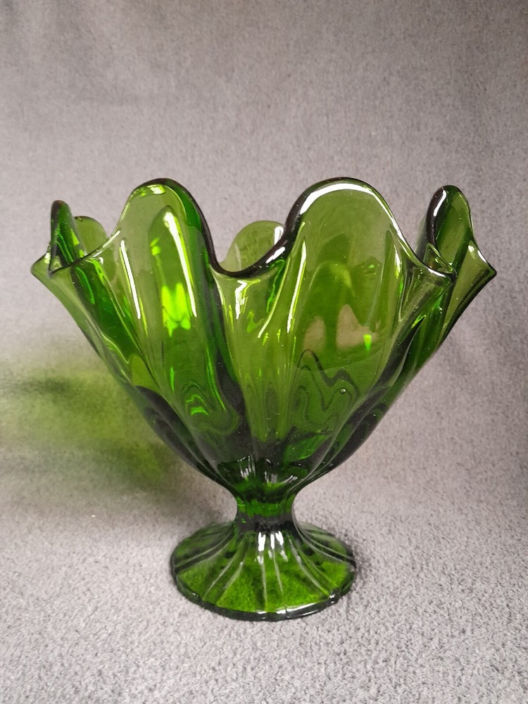 Vintage LE Smith Swung Green Glass Footed Handkerchief Bowl!