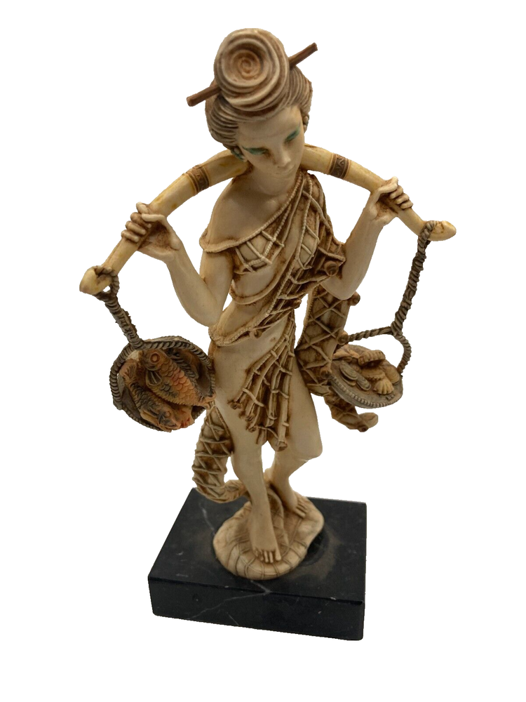 Vintage Italian Carrara marble figurine of girl holding fish and shells 21cm