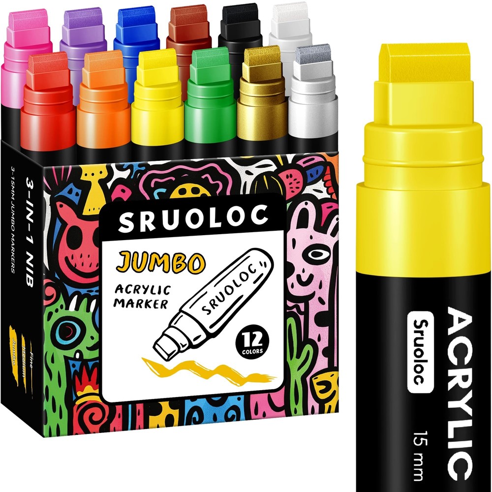 SRUOLOC 12 Colors Jumbo Markers, 15mm Jumbo Felt Tip, Acrylic Paint Markers f...