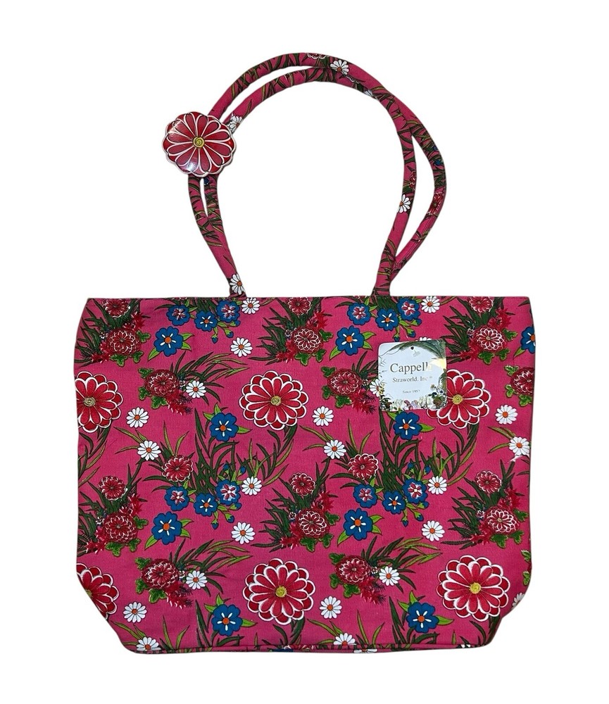 Floral Straworld Canvas Tote Bag Hot Pink Beach Handbag NWT