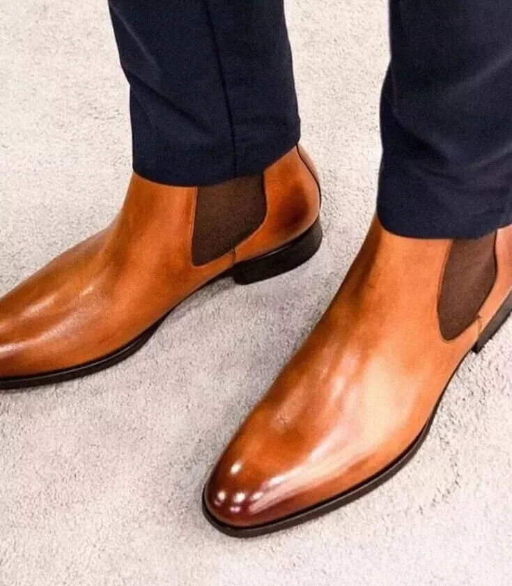 Stylish Handmade Men's Tan Real Leather Chelsea Ankle Casual Party Boots For Men