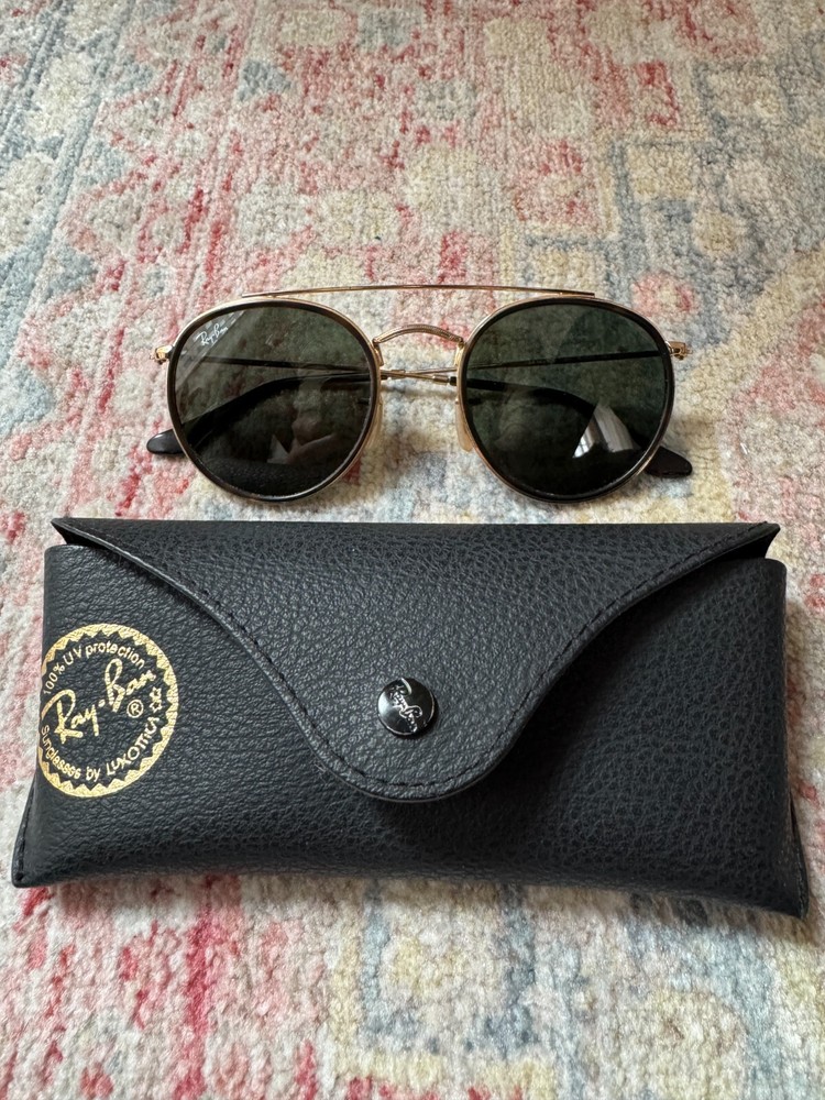 Ray Ban Sunglasses, Round Double Bridge, Gold Frame (RB3847N) with Case