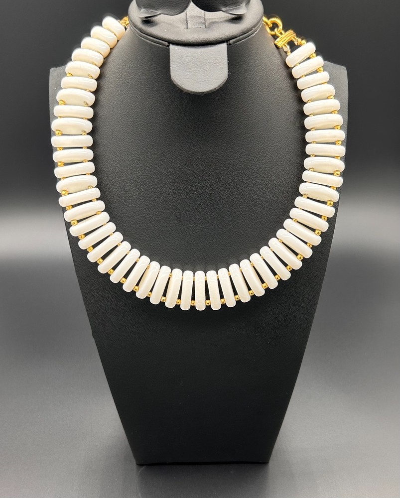 Vintage Signed Monet White Lucite Collar Statement Necklace Gold Tone Spacers