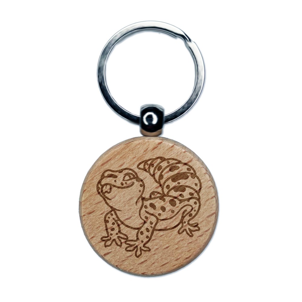 Fat Cute Leopard Gecko Lizard Reptile Engraved Wood Round Keychain Tag Charm
