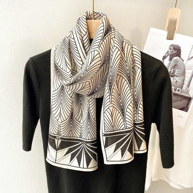 100% Mulberry Silk Crepe Shawl Flower Print Neckerchief Oblong Scarf Black