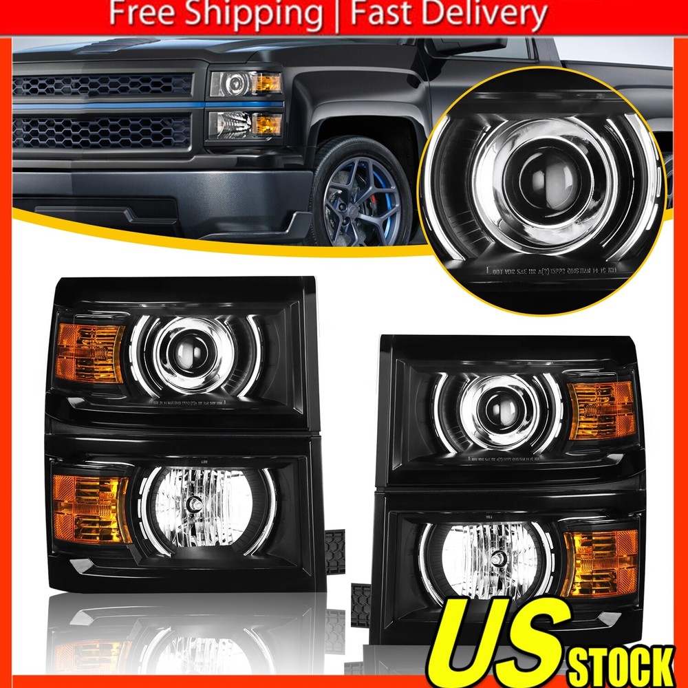 Black Amber Projector Head Lights Lamps LH RH For 2014-2015 Chevy Silverado 1500