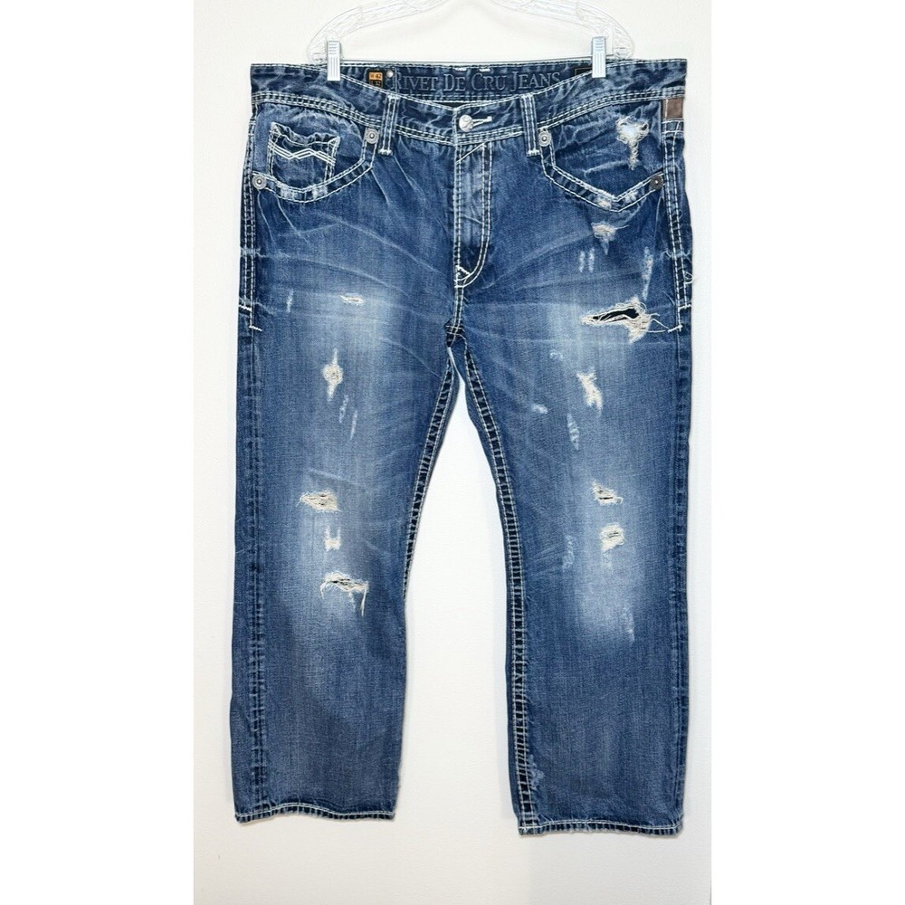 Rivet De Cru Jeans Mens 42x 32 Mae Relaxed Straight Leg Distressed Thick Stitch