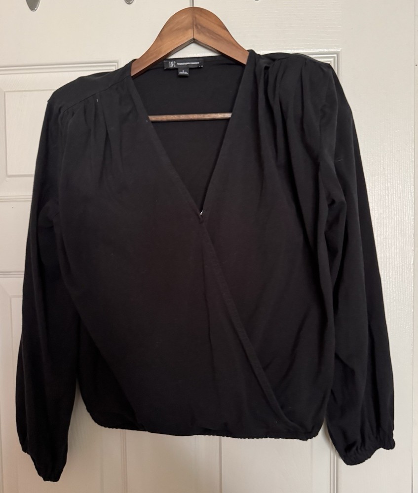 INC International Concepts Black V-Neck Long Sleeve Blouse Women's Size S