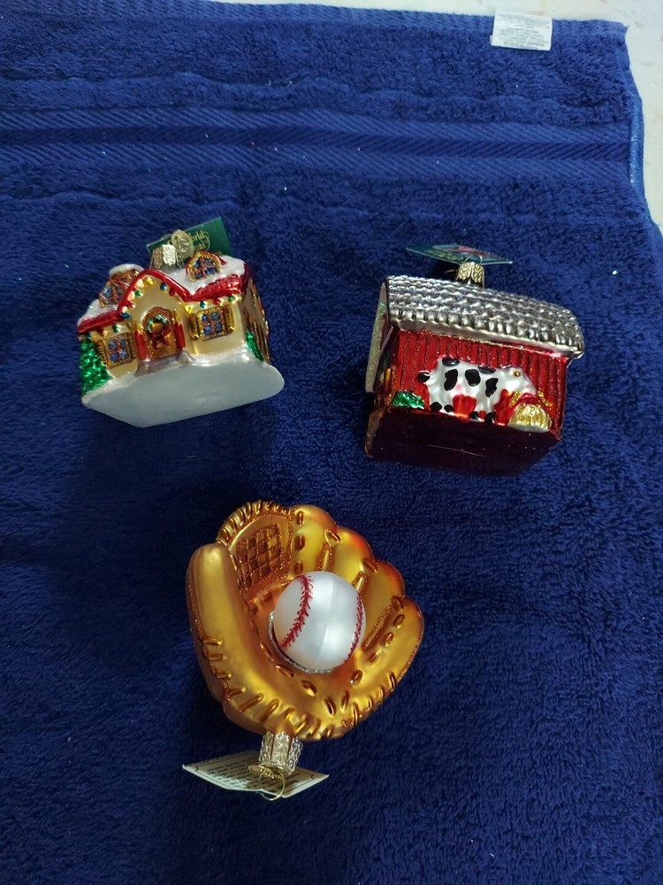 Old World Christmas Ornament, Baseball Mitt. House, Barn