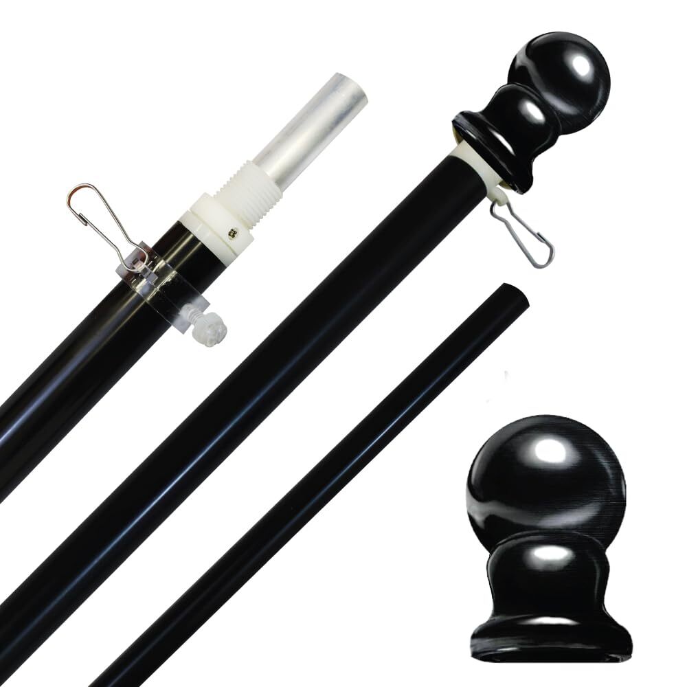 6ft Spinning Flag Pole - Black Flag Pole & Black Topper - Outdoor Wall Hangin...