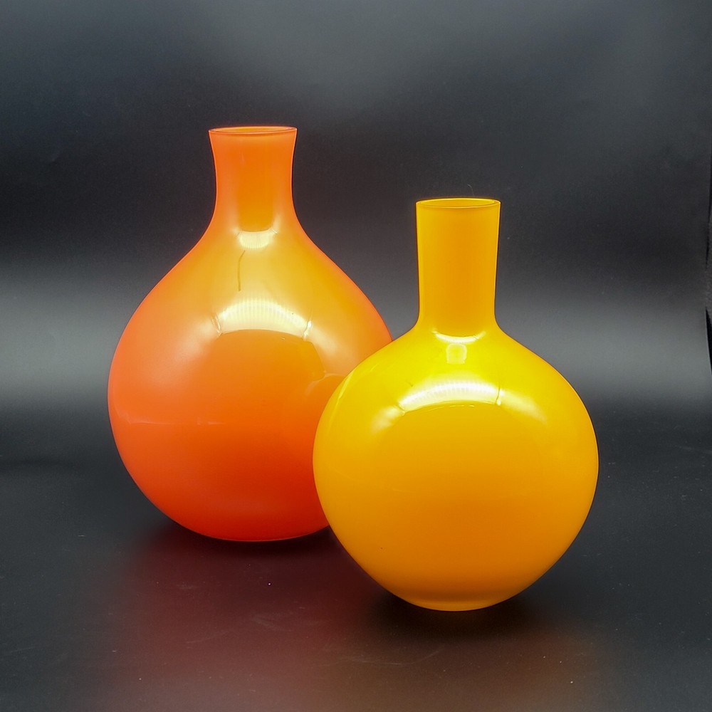 Set of 2 Crate and Barrel Glass Vases in Yellow 8.25in and Orange 9.5in Heights