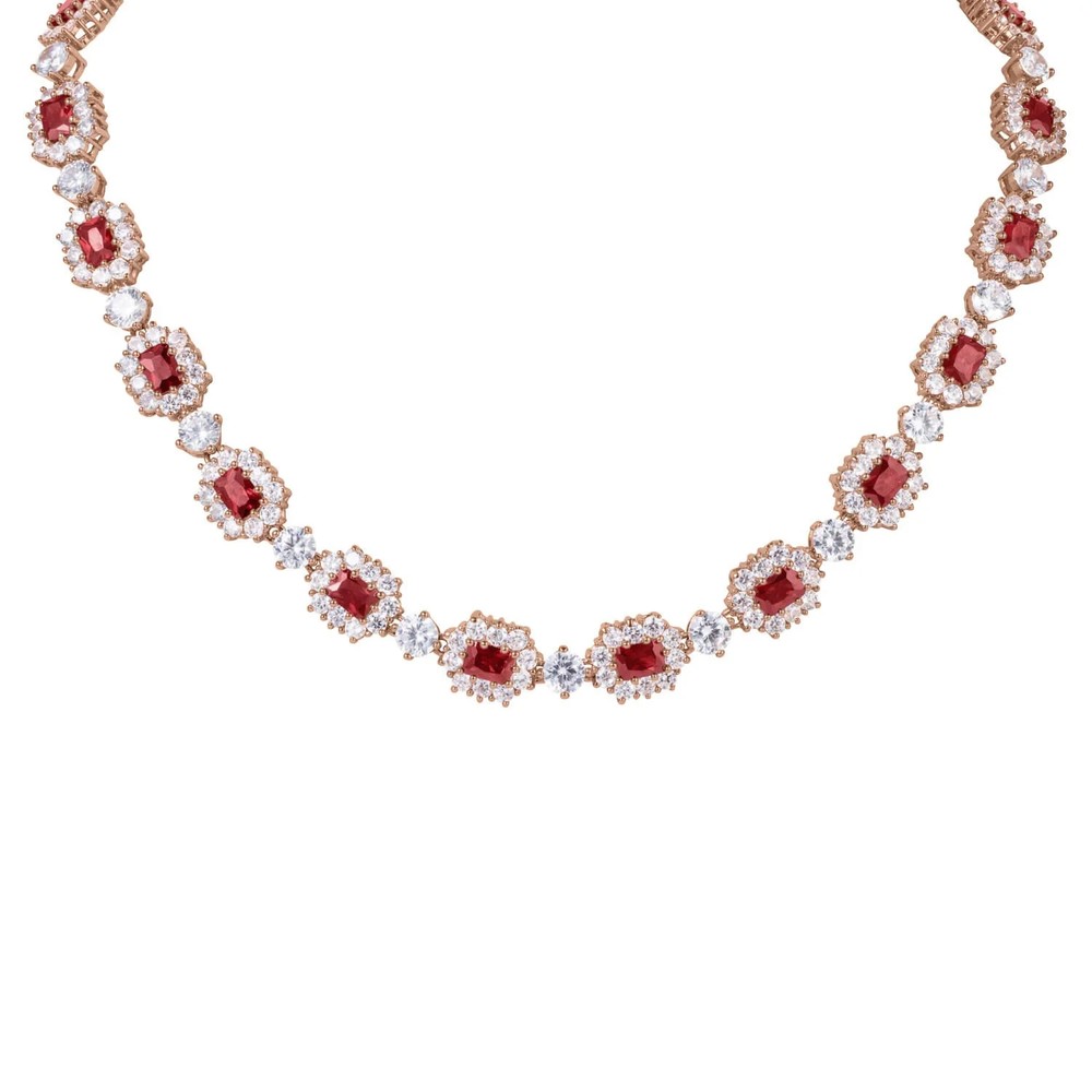 15ct Emerald Simulated Ruby Tennis Choker Necklace in 14k Rose Gold