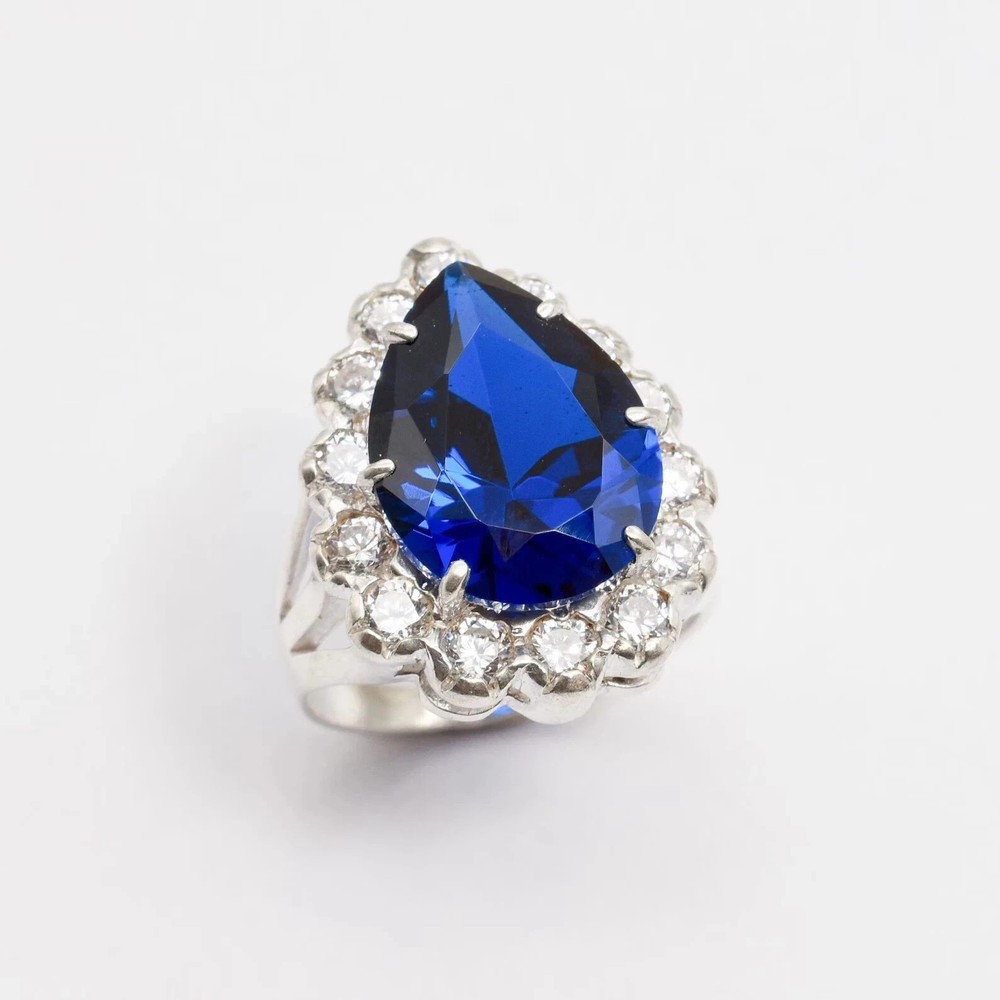 4.05 Ct Pear Cut Natural Blue Sapphire Diamond Ring 14K Solid White Gold