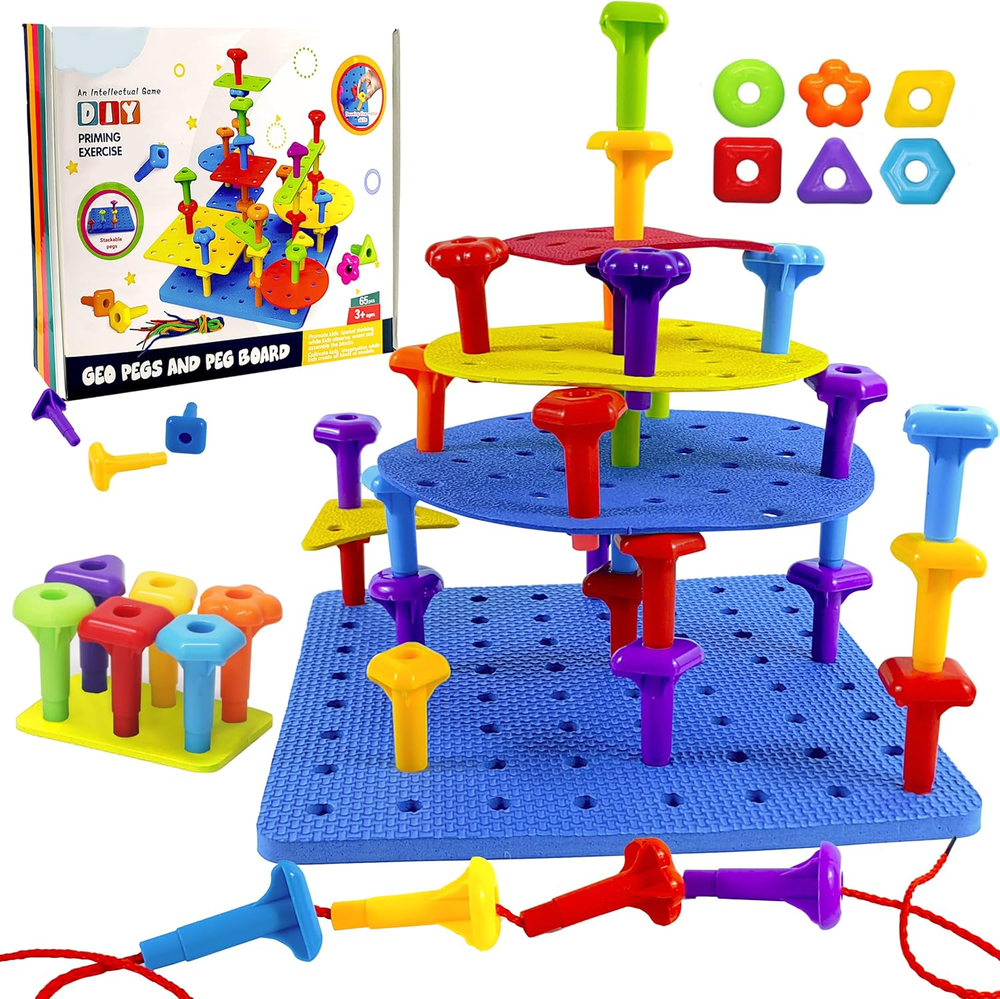 65-Piece Counting Peg Board Set – STEM Stacking & Building Toy for Toddlers