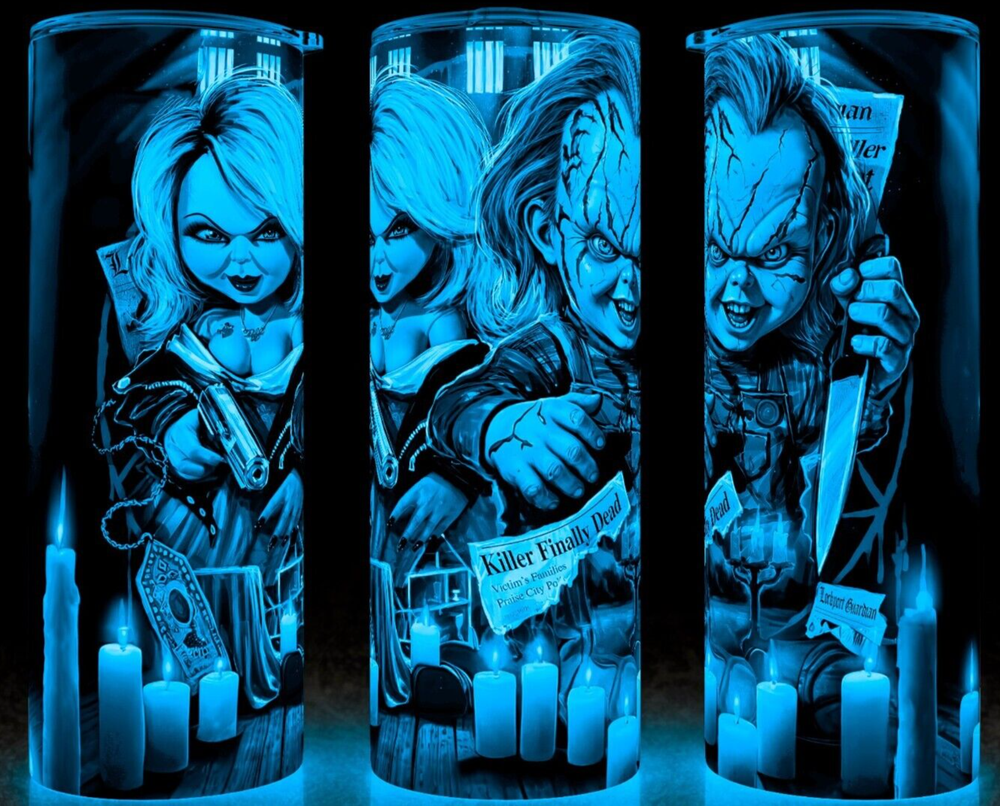 Glow in the Dark Chucky and Tiffany Bride Horror Killers Cup Mug Tumbler 20oz