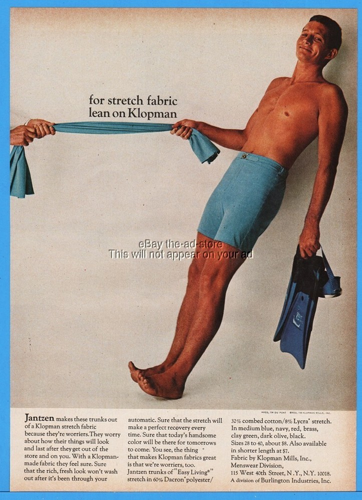 1966 Jantzen Mens Swim Trunks Snorkel Goggles Fins Klopman Fabric Print Ad