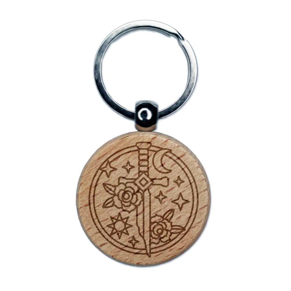 Broken Magical Sword Engraved Wood Round Keychain Tag Charm