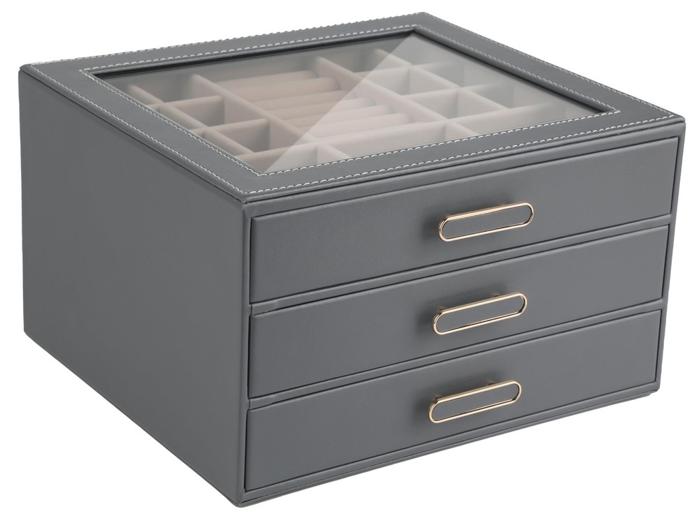 3-Layer Jewelry Box with Glass Lids and 3 Drawers for Organizing Accessories