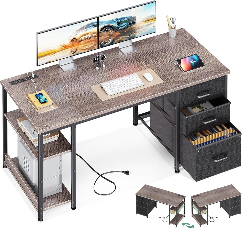 AODK 51 Inch Computer Desk with Fabric Drawers & USB Power Outlets - Reversible