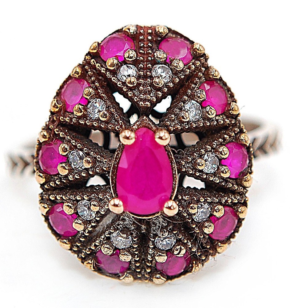 3CT Treated Ruby Ottoman Empire Style 925 Sterling Silver Ring Sz 8 HB3-7  