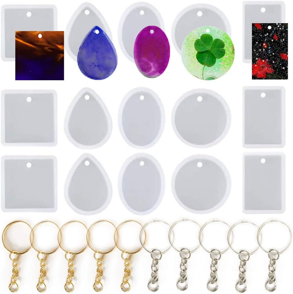 25 PCS- Silicone Pendant Molds for Resin Casting + Key Rings with Chain, Charms