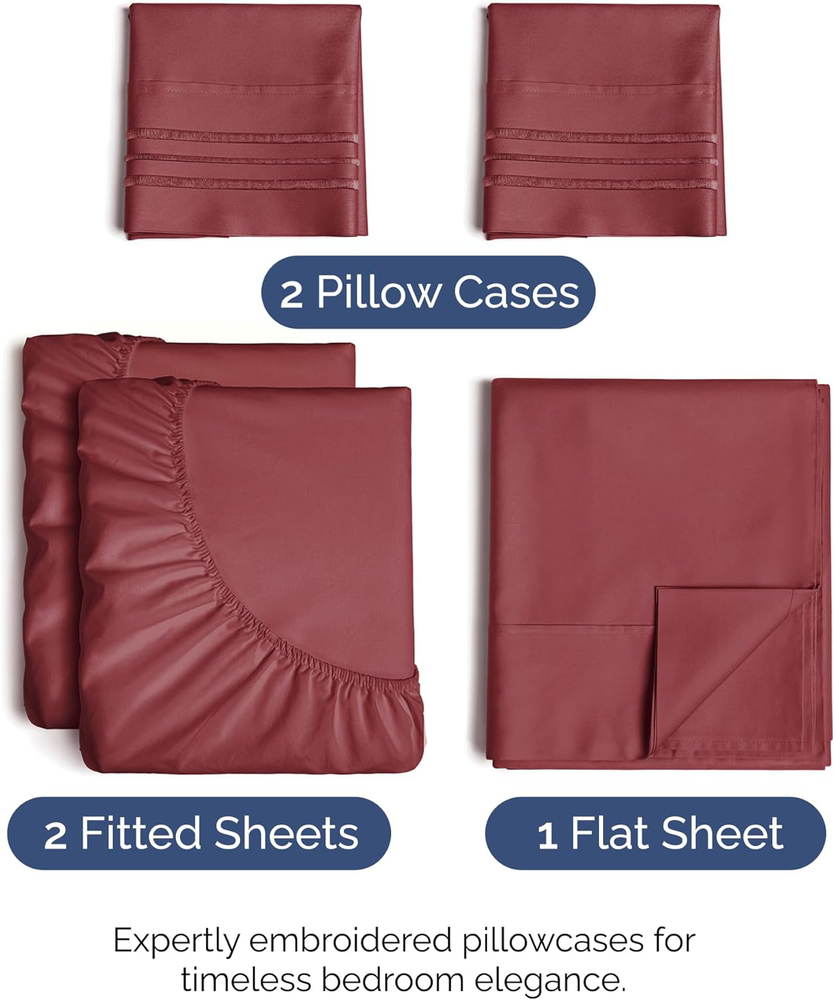 Split King Cooling Sheet Set - Soft Breathable Deep Pocket Burgundy 5-Piece