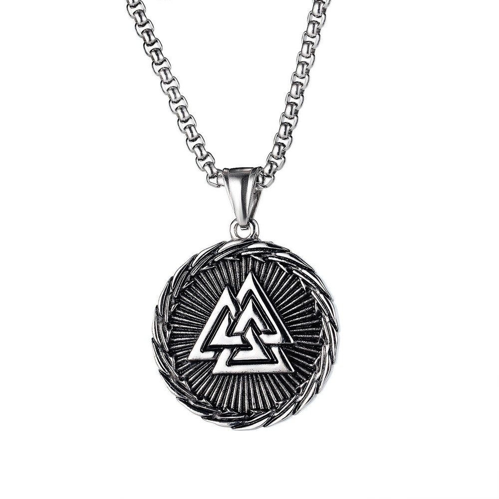 Double Side Stainless Steel Knot & Rune Viking Talisman Valknut Pendant Necklace