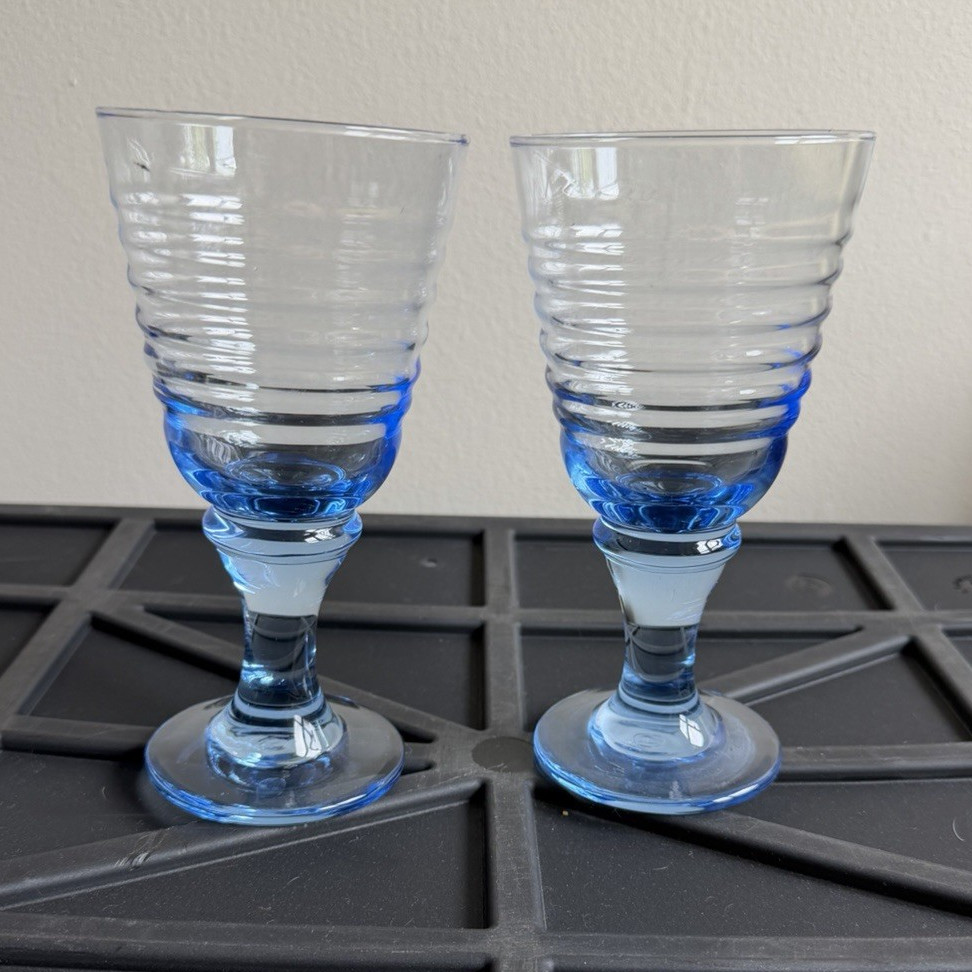 Vintage Libbey Sirrus Blue Glasses Wine Goblets  Ribbed Stem Water Set Of 2