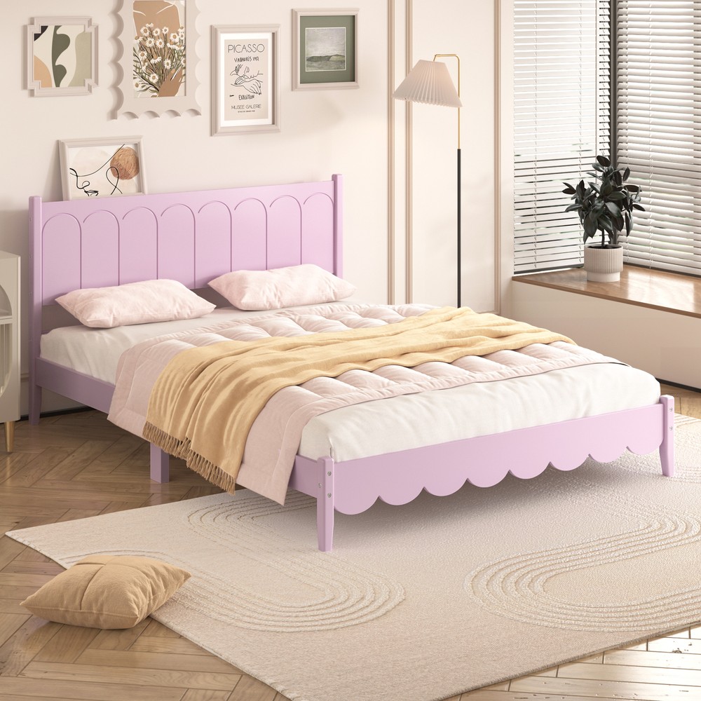 Queen Size Wood Platform Bed Frame, Retro Style  Bed with Rectangular Headboard,