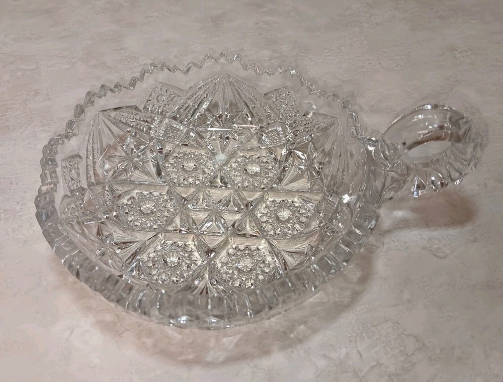 Vintage Nucut Cut Glass Candy Nut Dish with Handle Marked CHIPPED