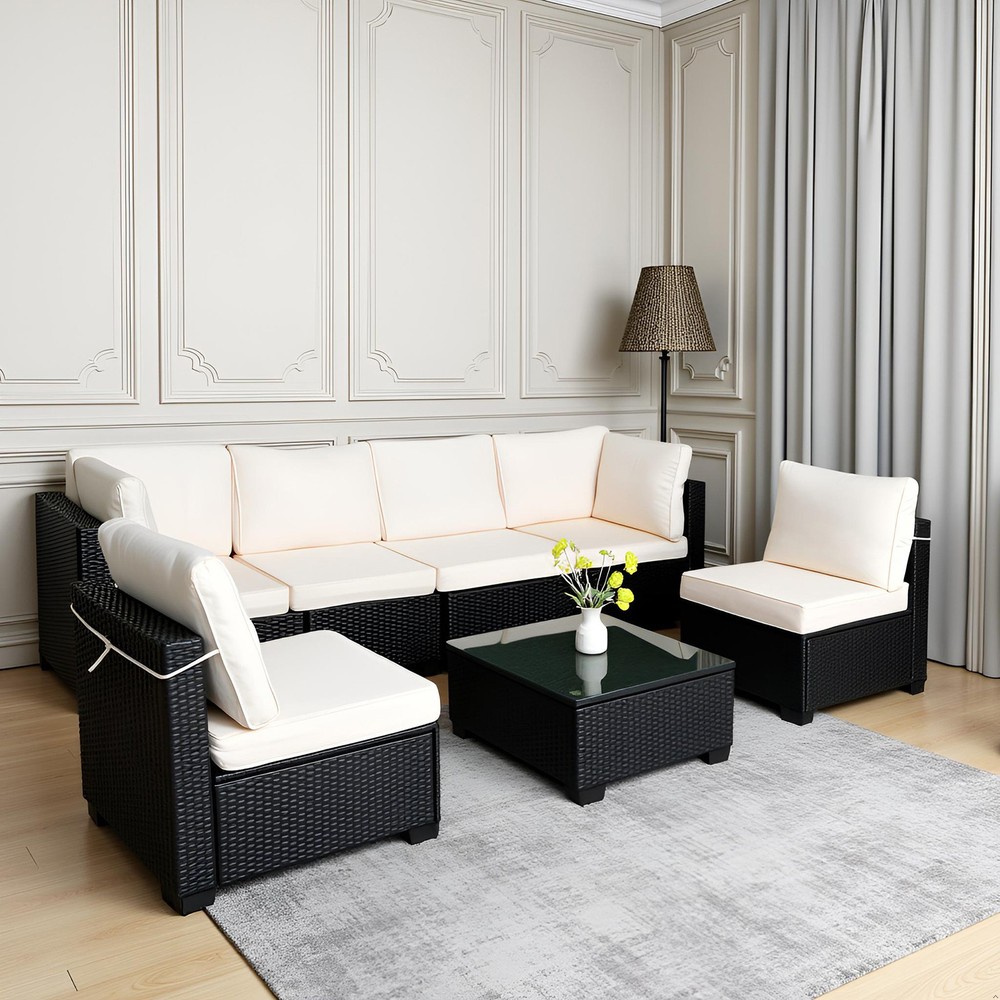 Hot Selling Seven-Piece Sofa Set Table With Sofa Chair Black PE Rattan Outdoor N