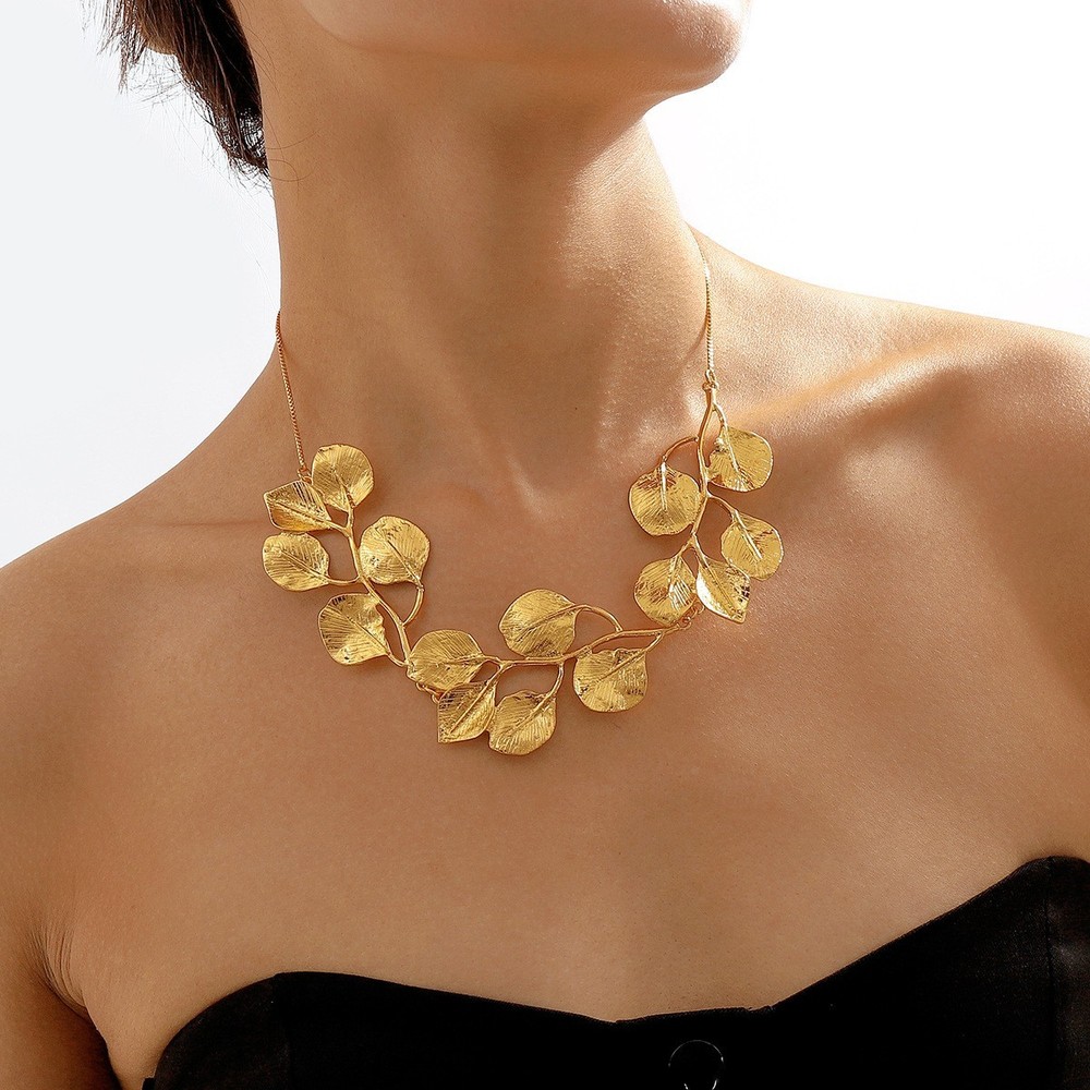 Gold Leaf Statement Necklace | Sculpted Branch Design | Bold Costume Jewelry