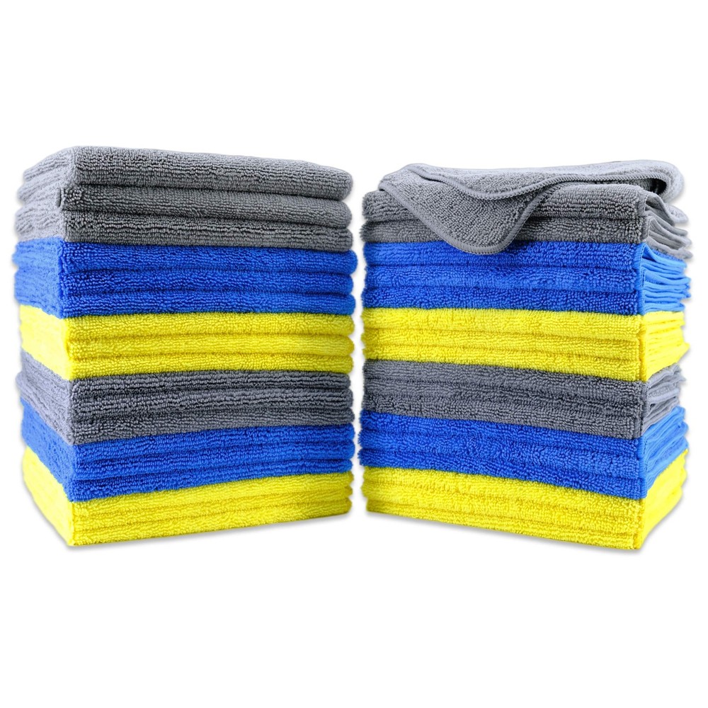 Premium Microfiber Cleaning Cloths 16x16 Inch 36-Pack Blue Gray Yellow