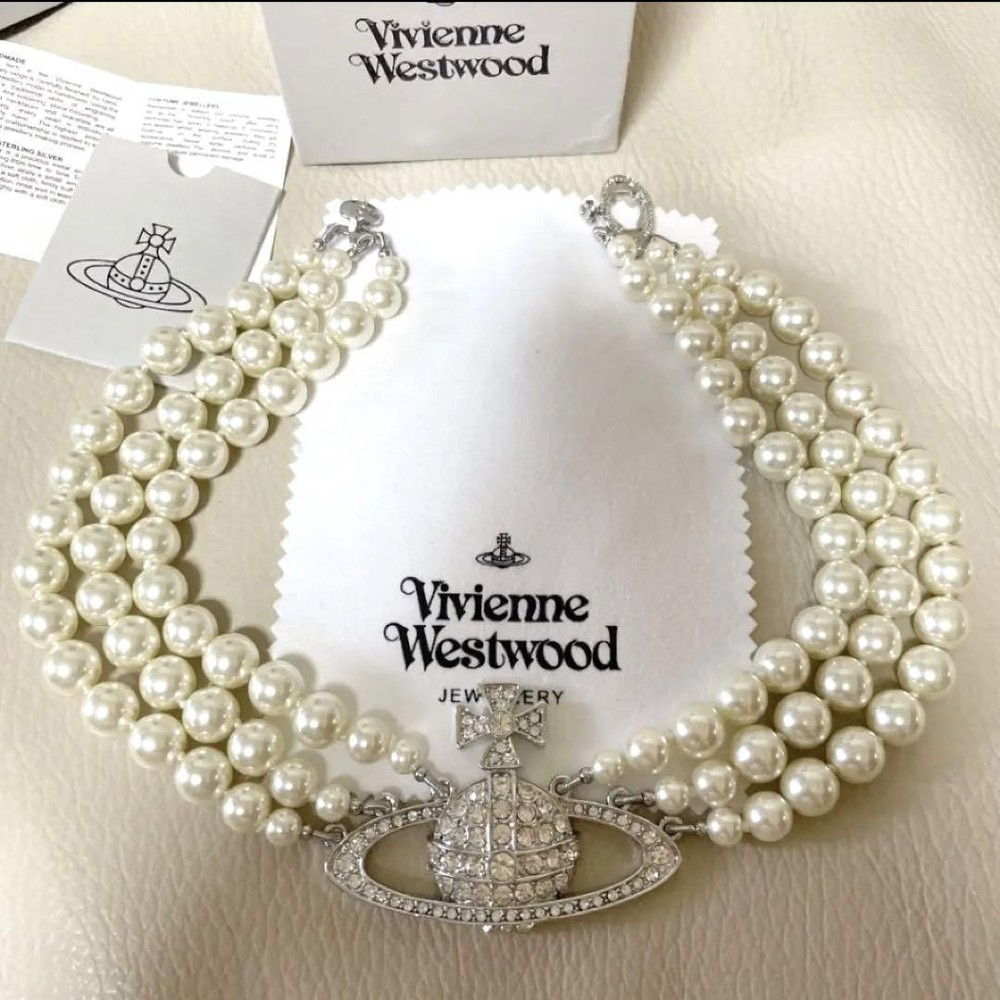Vivienne Westwood Three Row Triple Layer Pearl Silver Necklace Choker N62