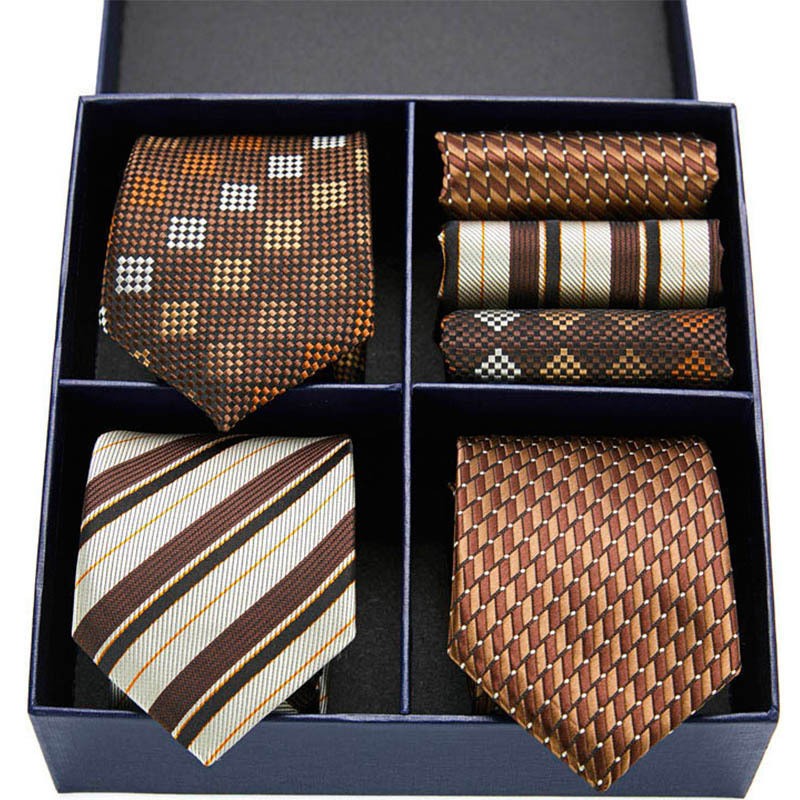 Classic Slim 3 Ties, 3 Hanky Brown Striped/plaid Necktie Business with Gift Box