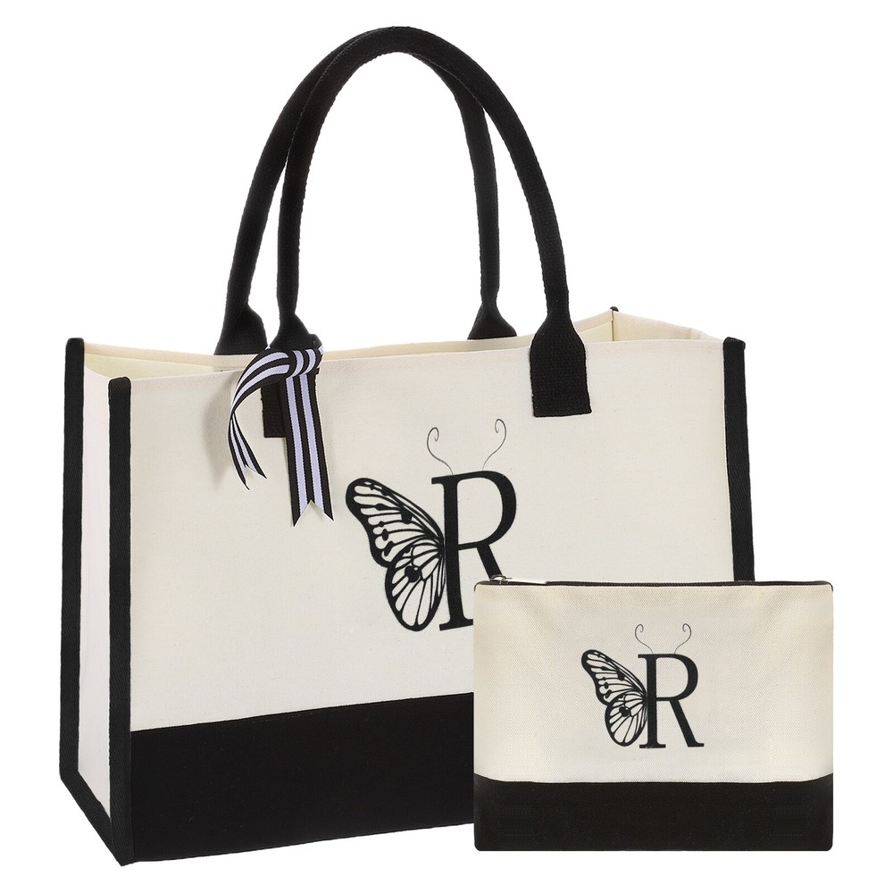 Initial R Canvas Tote Bag with Makeup Bag, Reusable Beach Tote Bag